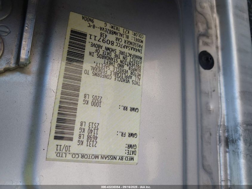 2012 Nissan Maxima 3.5 Sv VIN: 1N4AA5AP7CC809711 Lot: 43230354