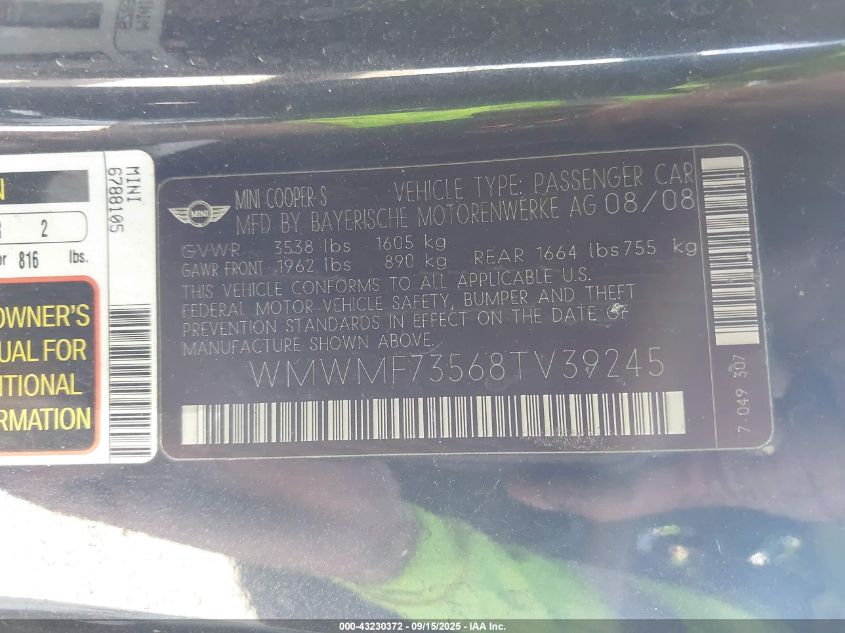 2008 Mini Cooper S VIN: WMWMF73568TV39245 Lot: 43230372