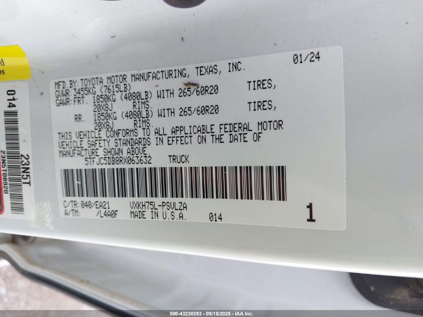 2024 Toyota Tundra Hybrid Limited 4Wd VIN: 5TFJC5DB8RX063632 Lot: 43408383