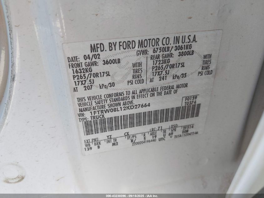 2002 Ford F-150 Lariat/Xlt VIN: 1FTRW08L12KD27664 Lot: 43230396