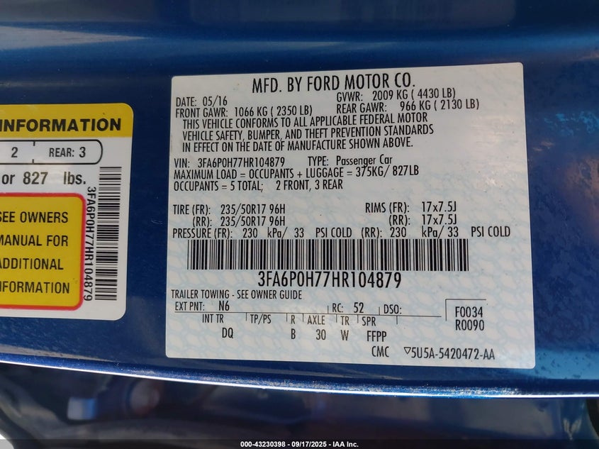 2017 Ford Fusion Se VIN: 3FA6P0H77HR104879 Lot: 43230398