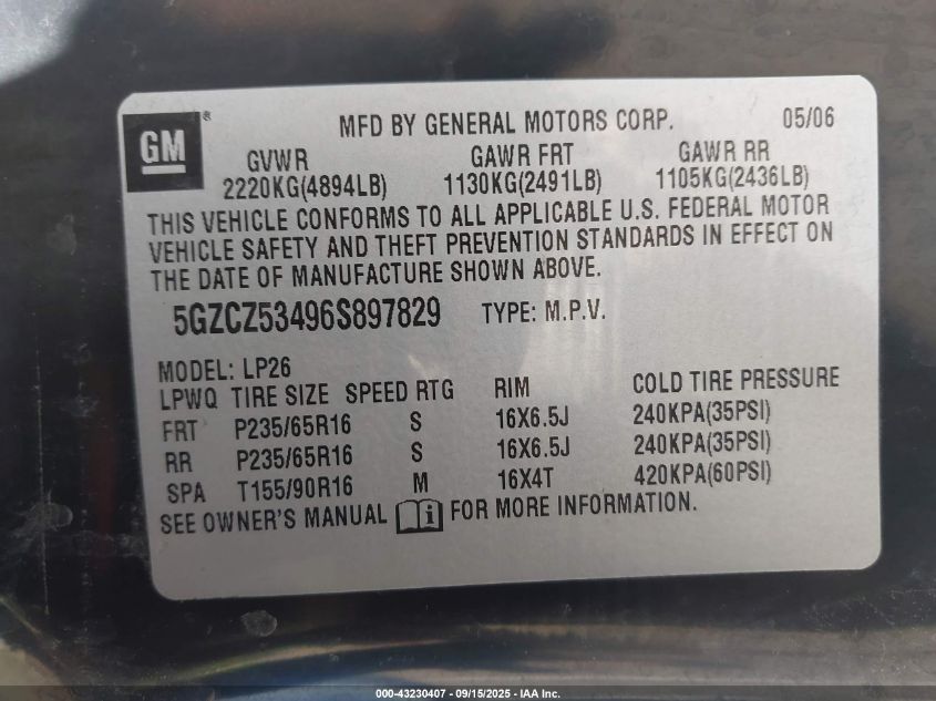 2006 Saturn Vue V6 VIN: 5GZCZ53496S897829 Lot: 43230407