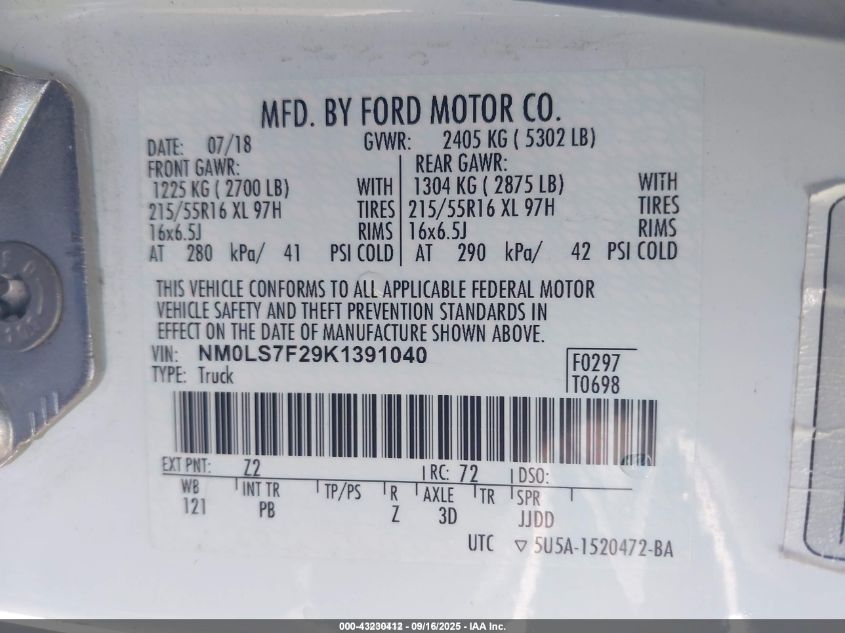 2019 Ford Transit Connect Xlt VIN: NM0LS7F29K1391040 Lot: 43230412