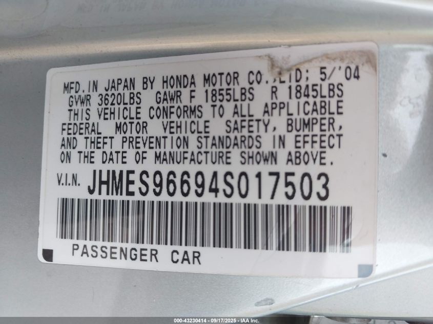 2004 Honda Civic Hybrid VIN: JHMES96694S017503 Lot: 43230414