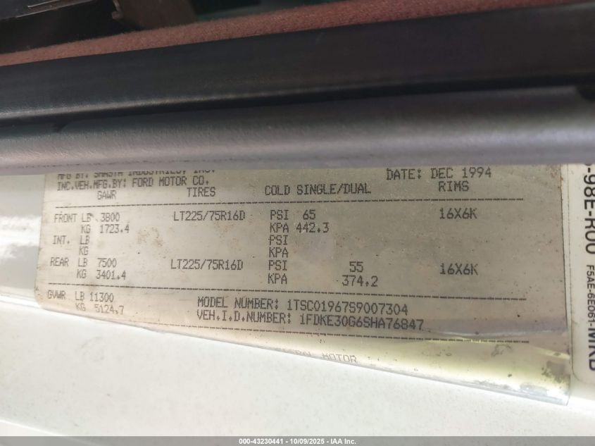 1995 Ford Econoline E350 Cutaway Van VIN: 1FDKE30G6SHA76847 Lot: 43230441