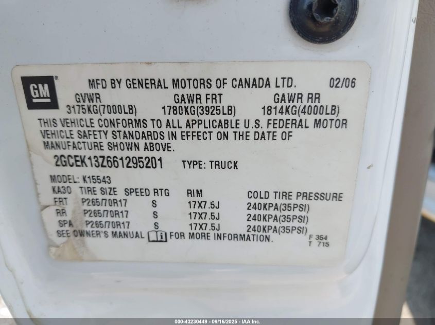 2006 Chevrolet Silverado 1500 Lt1 VIN: 2GCEK13Z661295201 Lot: 43230449