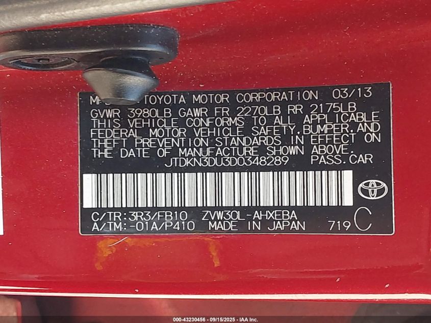 2013 Toyota Prius Two VIN: JTDKN3DU3D0348289 Lot: 43230456