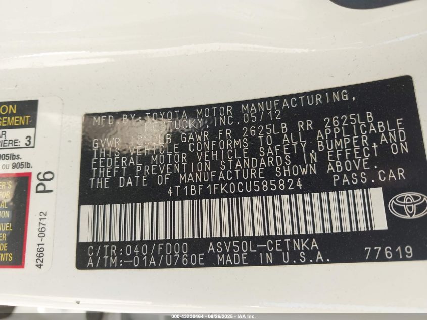 2012 Toyota Camry Le VIN: 4T1BF1FK0CU585824 Lot: 43230464