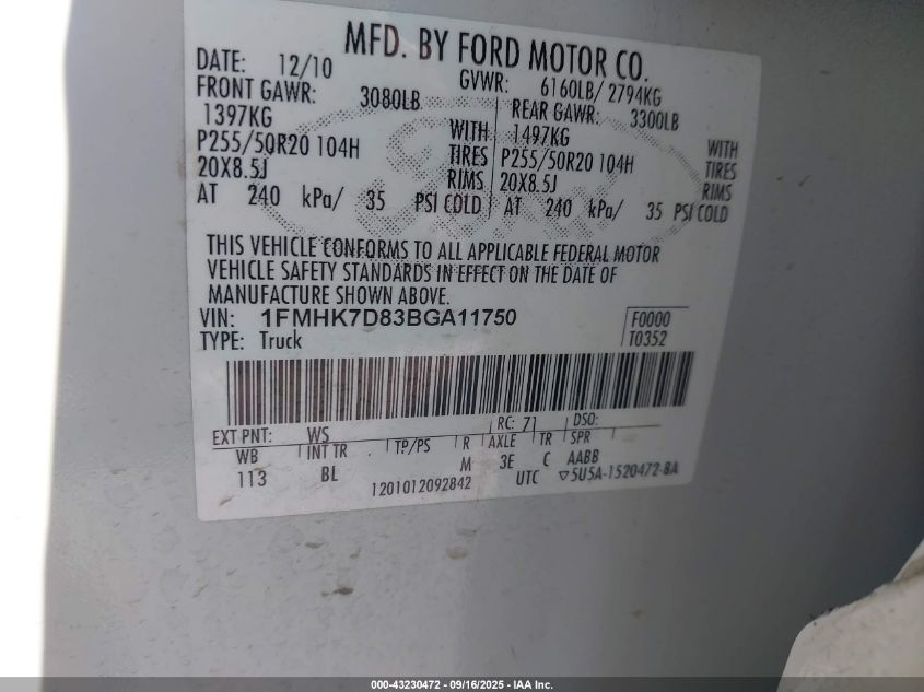 2011 Ford Explorer Xlt VIN: 1FMHK7D83BGA11750 Lot: 43230472