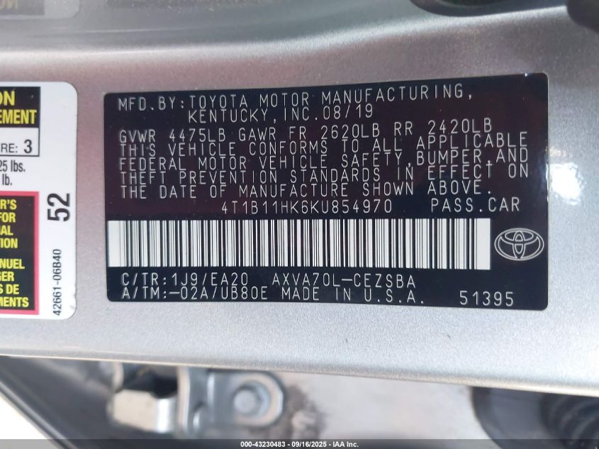 2019 Toyota Camry Se VIN: 4T1B11HK6KU854970 Lot: 43230483