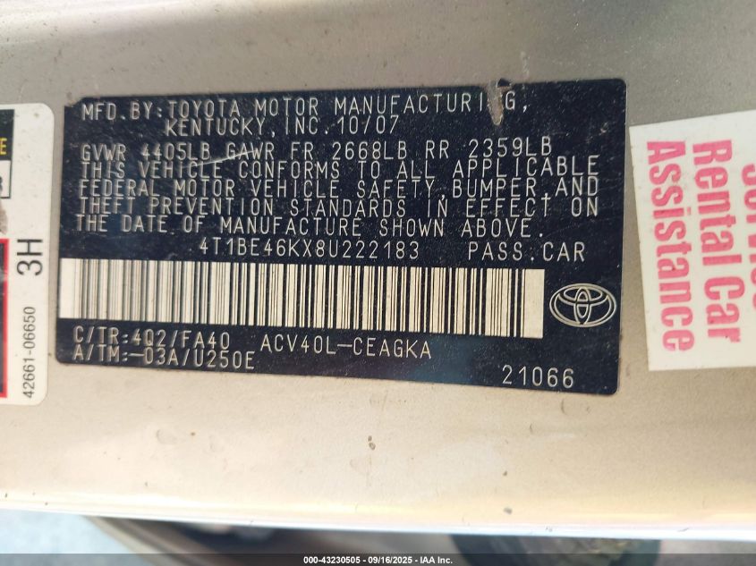 2008 Toyota Camry Xle VIN: 4T1BE46KX8U222183 Lot: 43230505