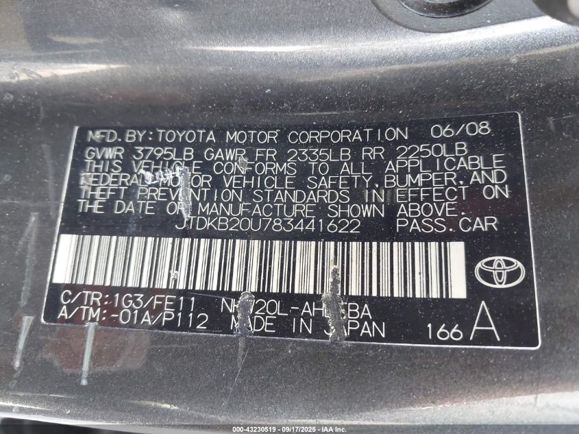 2008 Toyota Prius VIN: JTDKB20U783441622 Lot: 43230519