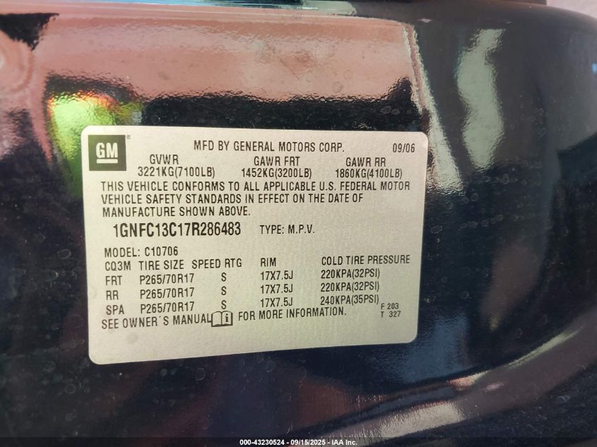 2007 Chevrolet Tahoe Ls VIN: 1GNFC13C17R286483 Lot: 43230524