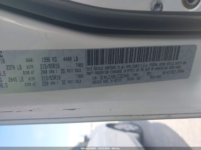 2018 Jeep Compass Sport Fwd VIN: 3C4NJCABXJT263461 Lot: 43230559