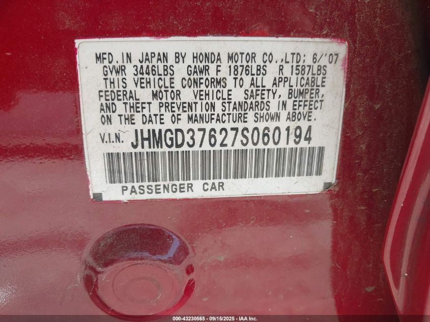 2007 Honda Fit Sport VIN: JHMGD37627S060194 Lot: 43230565