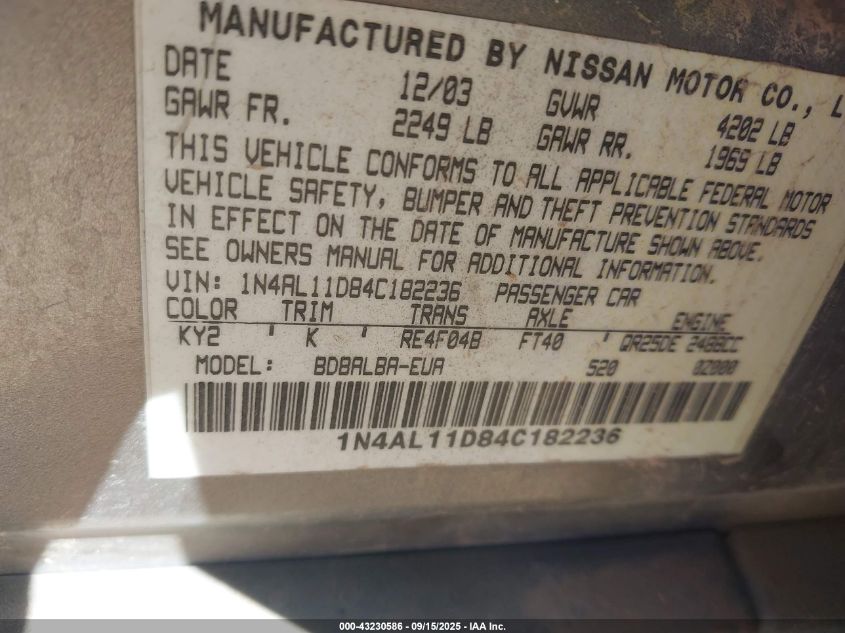 2004 Nissan Altima 2.5 S VIN: 1N4AL11D84C182236 Lot: 43230586