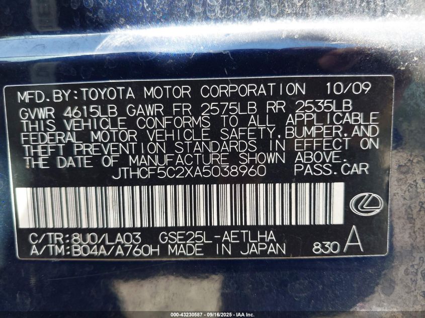 2010 Lexus Is 250 VIN: JTHCF5C2XA5038960 Lot: 43230587