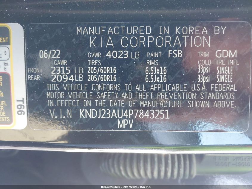 2023 Kia Soul Lx VIN: KNDJ23AU4P7843251 Lot: 43230600