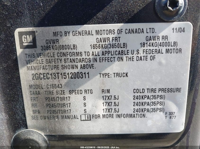 2005 Chevrolet Silverado 1500 Ls VIN: 2GCEC13T151200311 Lot: 43230618