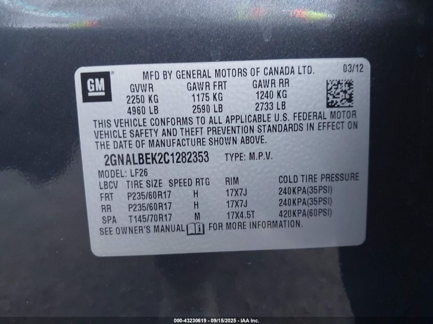 2012 Chevrolet Equinox Ls VIN: 2GNALBEK2C1282353 Lot: 43230619