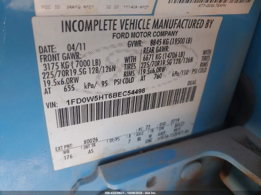 2011 Ford F-550 Chassis Xl VIN: 1FD0W5HT6BEC54498 Lot: 43230621