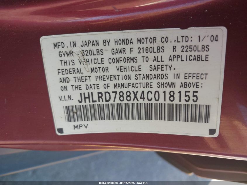 2004 Honda Cr-V Ex VIN: JHLRD788X4C018155 Lot: 43230623
