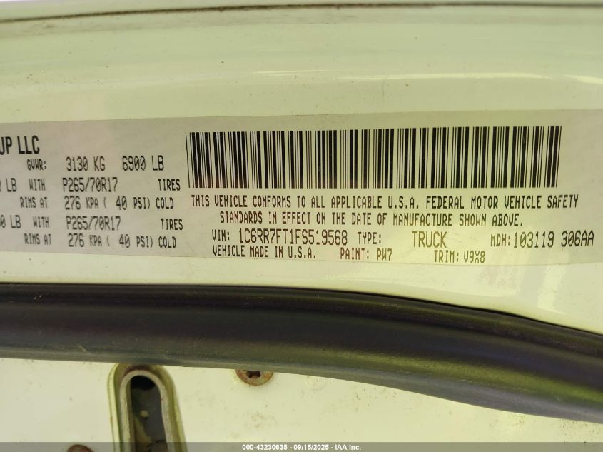 2015 Ram 1500 Tradesman VIN: 1C6RR7FT1FS519568 Lot: 43230635