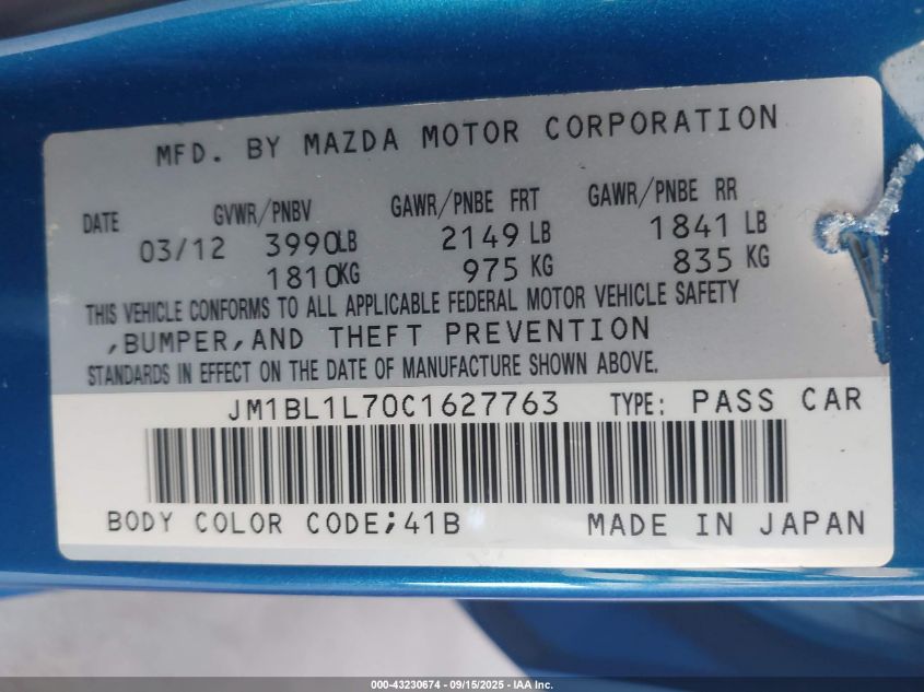 2012 Mazda Mazda3 I Touring VIN: JM1BL1L70C1627763 Lot: 43230674