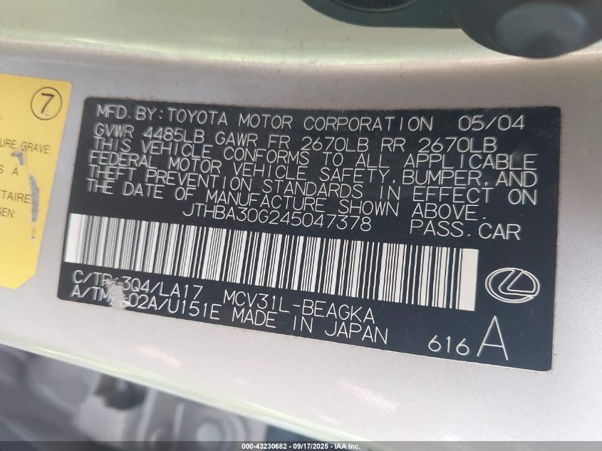 2004 Lexus Es 330 VIN: JTHBA30G245047378 Lot: 43230682