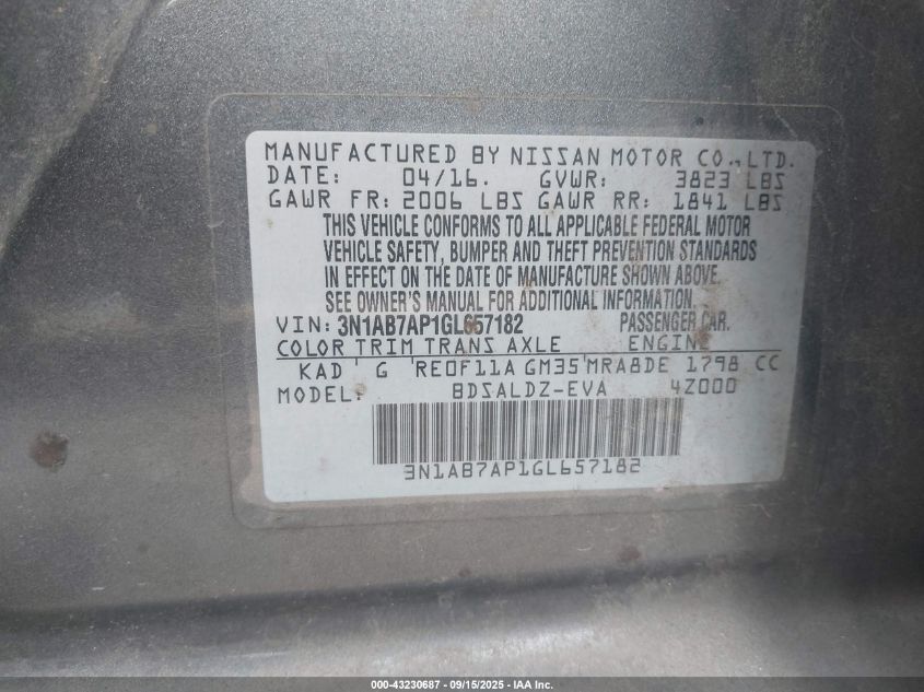 2016 Nissan Sentra Fe+ S/S/Sl/Sr/Sv VIN: 3N1AB7AP1GL657182 Lot: 43230687