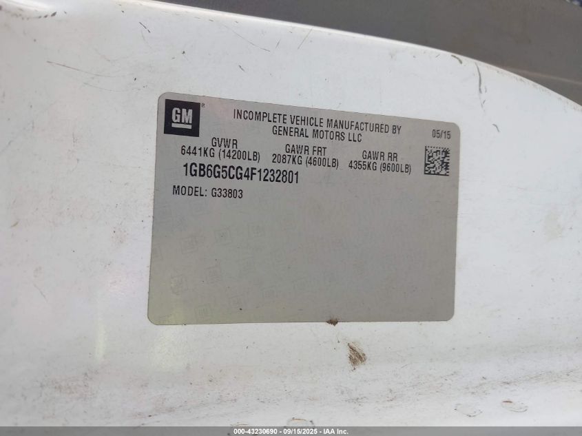 2015 Chevrolet Express Cutaway 4500 VIN: 1GB6G5CG4F1232801 Lot: 43230690