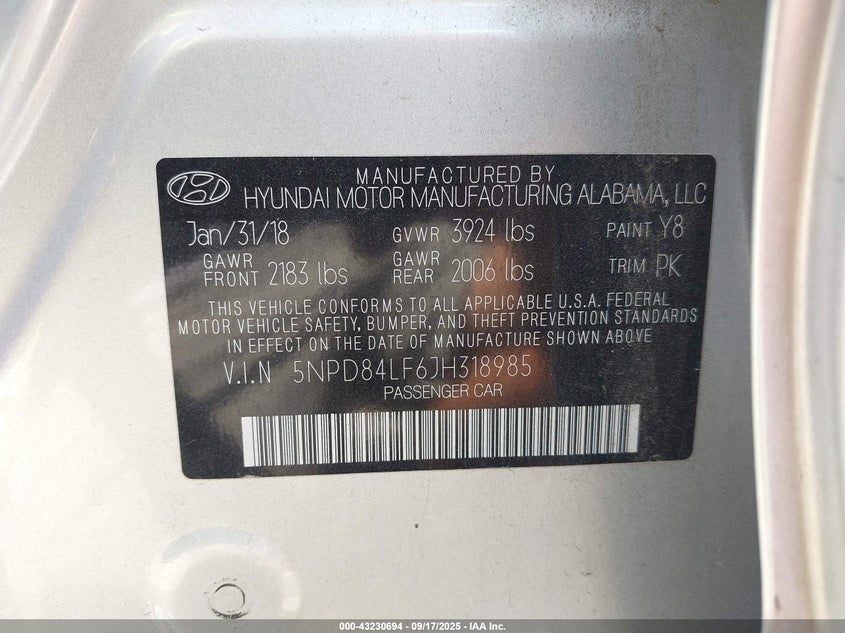 5NPD84LF6JH318985 2018 HYUNDAI ELANTRA photo no. 9