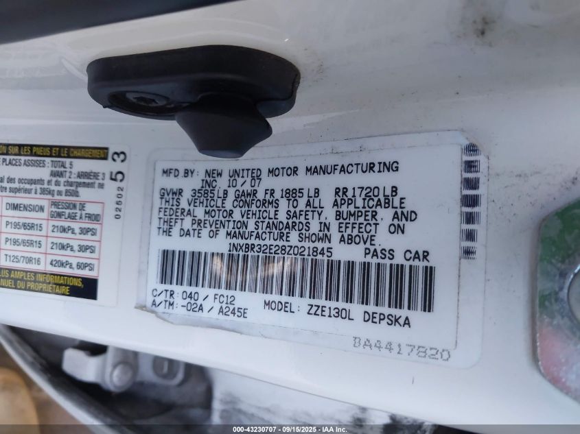 2008 Toyota Corolla S VIN: 1NXBR32E28Z021845 Lot: 43230707