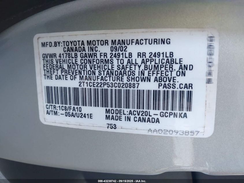 2003 Toyota Camry Solara Se VIN: 2T1CE22P53C020887 Lot: 43230742