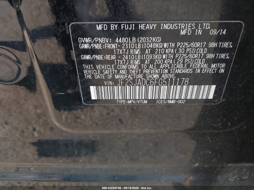 2015 Subaru Forester 2.5I Premium VIN: JF2SJADC6FG511178 Lot: 43230746