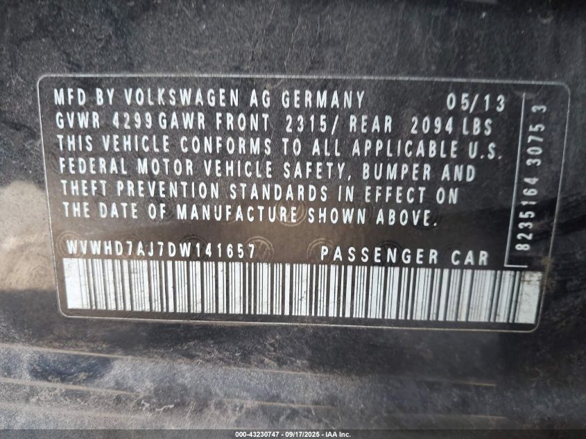 2013 Volkswagen Gti Wolfsburg Edition VIN: WVWHD7AJ7DW141657 Lot: 43230747