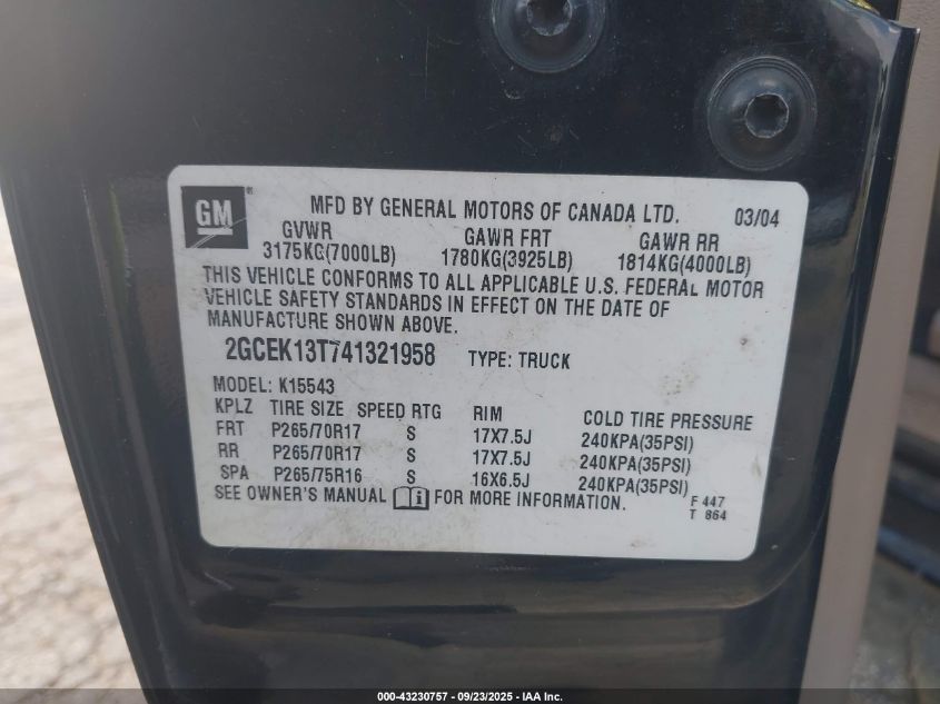 2004 Chevrolet Silverado 1500 Z71 VIN: 2GCEK13T741321958 Lot: 43230757