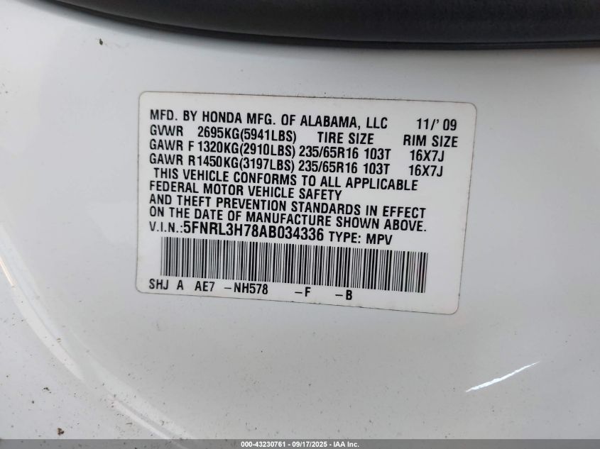 2010 Honda Odyssey Ex-L VIN: 5FNRL3H78AB034336 Lot: 43230761