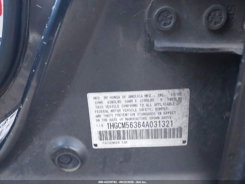 2004 Honda Accord 2.4 Lx VIN: 1HGCM56364A031321 Lot: 43230762