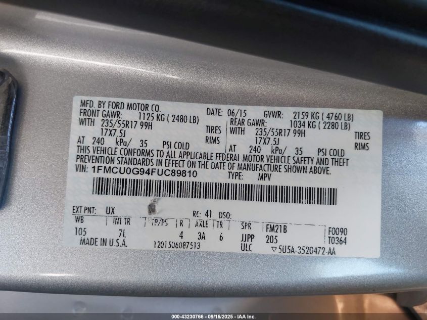 2015 Ford Escape Se VIN: 1FMCU0G94FUC89810 Lot: 43230766