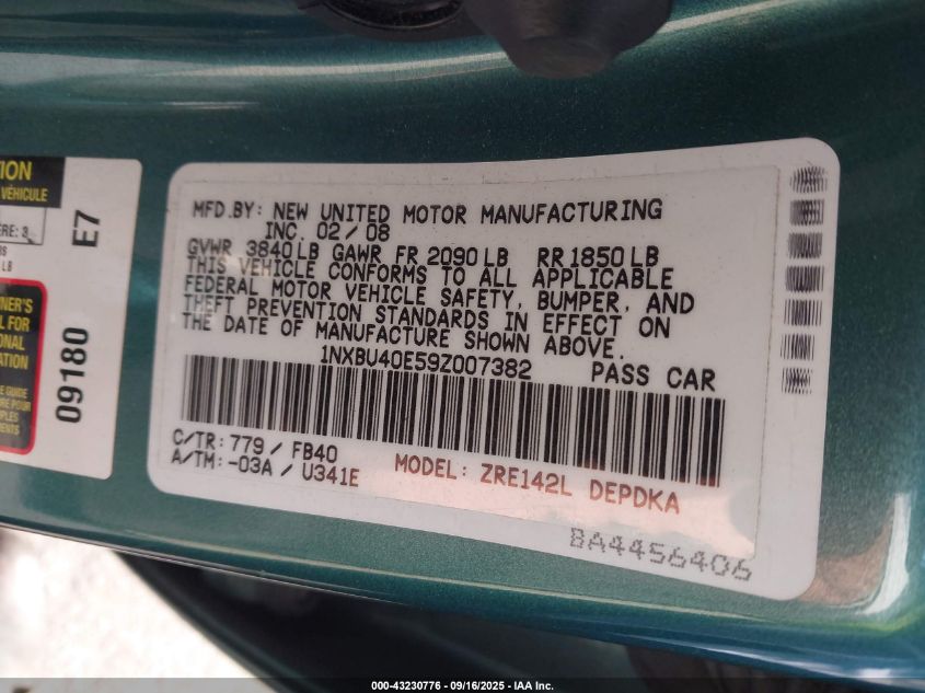 2009 Toyota Corolla Le VIN: 1NXBU40E59Z007382 Lot: 43230776