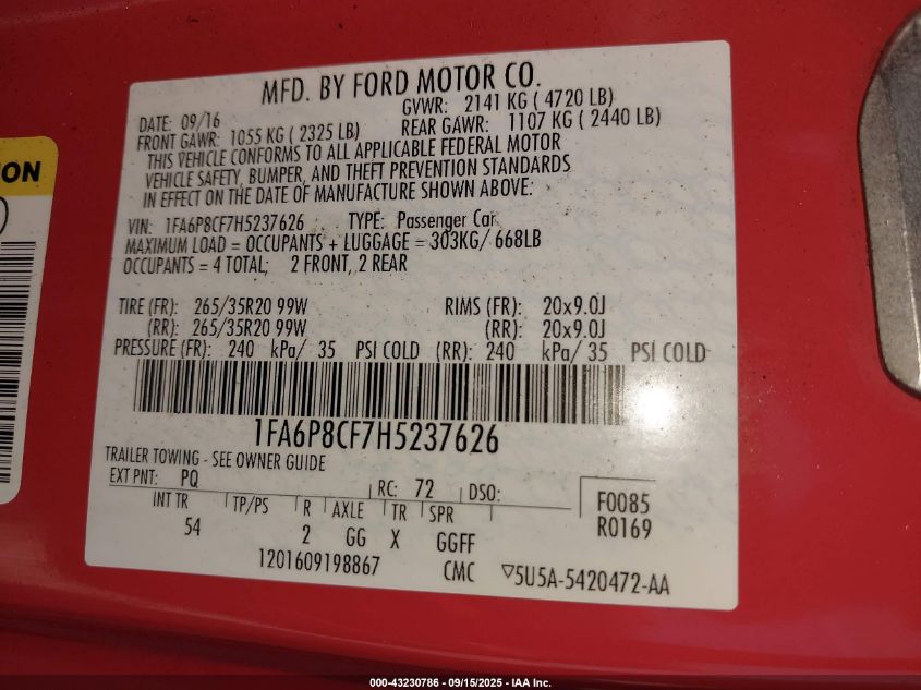 2017 Ford Mustang Gt Premium VIN: 1FA6P8CF7H5237626 Lot: 43230786
