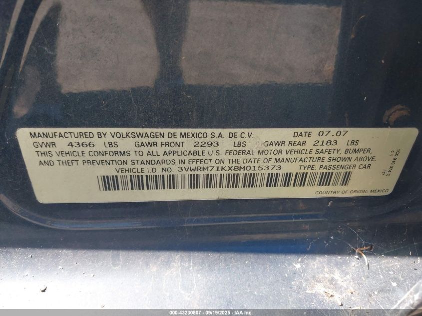 2008 Volkswagen Jetta Se/Sel VIN: 3VWRM71KX8M015373 Lot: 43230807