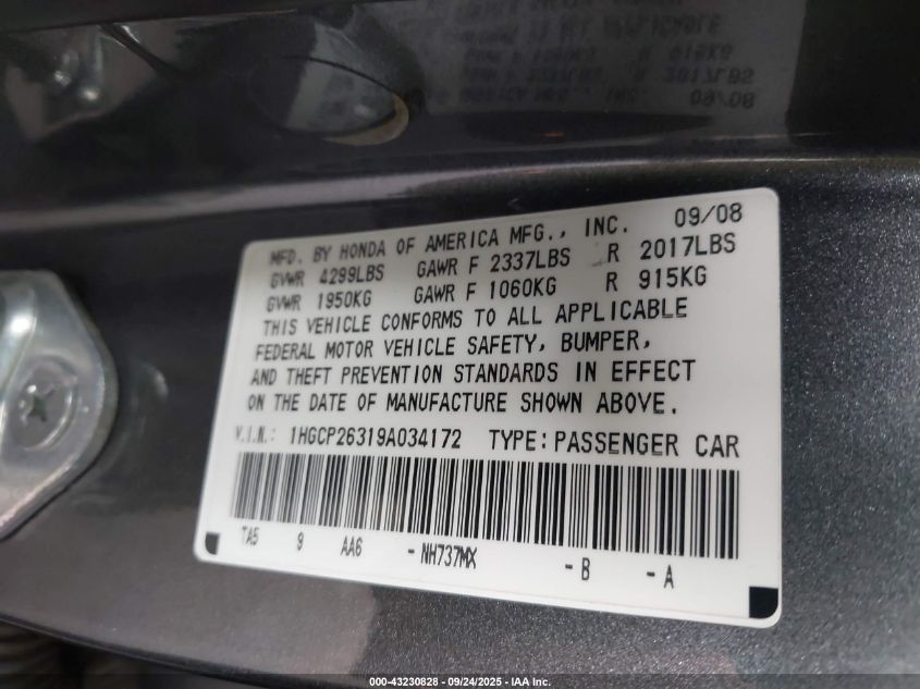 2009 Honda Accord 2.4 Lx VIN: 1HGCP26319A034172 Lot: 43230828
