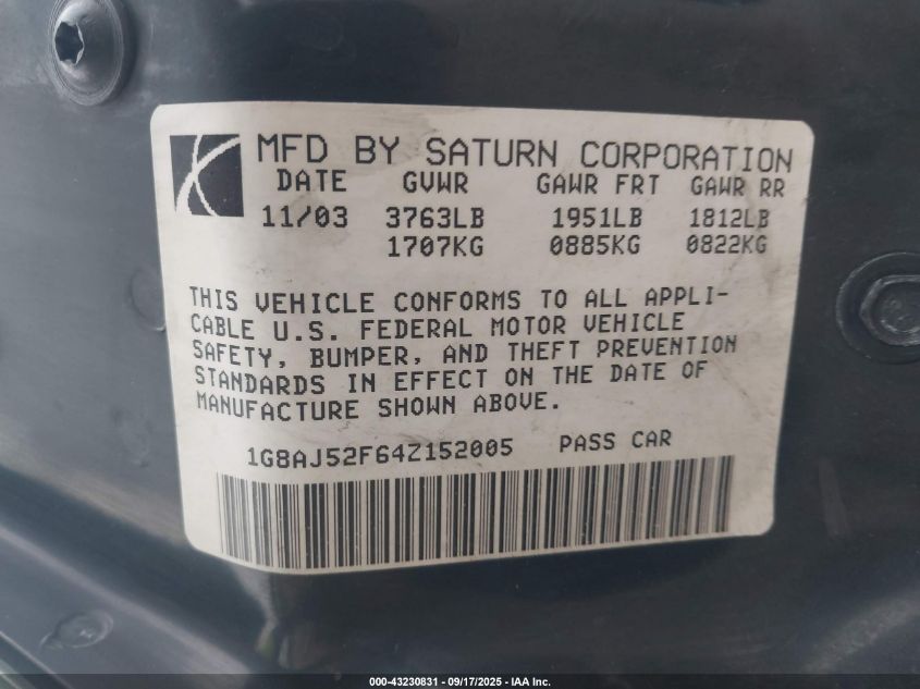 2004 Saturn Ion 2 VIN: 1G8AJ52F64Z152005 Lot: 43230831