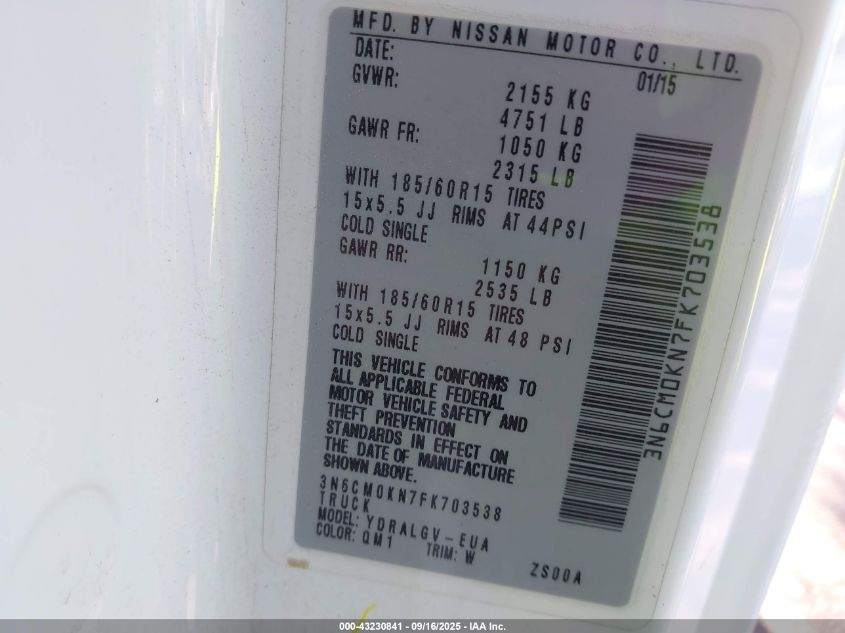 2015 Nissan Nv200 Sv VIN: 3N6CM0KN7FK703538 Lot: 43230841