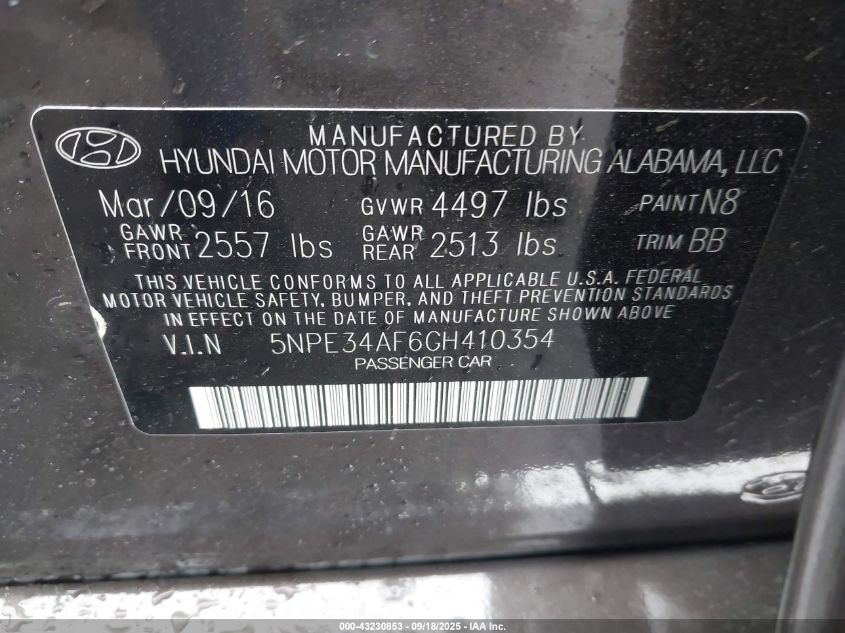 2016 Hyundai Sonata Sport VIN: 5NPE34AF6GH410354 Lot: 43230853
