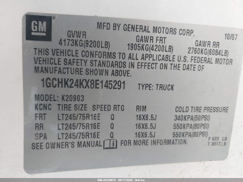 2008 Chevrolet Silverado 2500Hd Lt1 VIN: 1GCHK24KX8E145291 Lot: 43230874