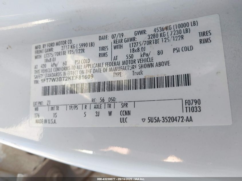 2019 Ford F-350 Xl VIN: 1FT7W3BT2KEF81609 Lot: 43230877