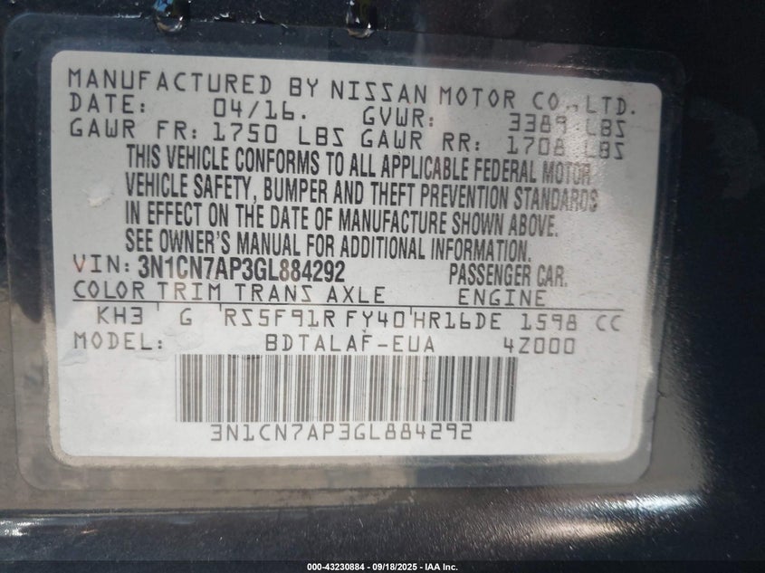 2016 NISSAN VERSA 1.6 S - 3N1CN7AP3GL884292